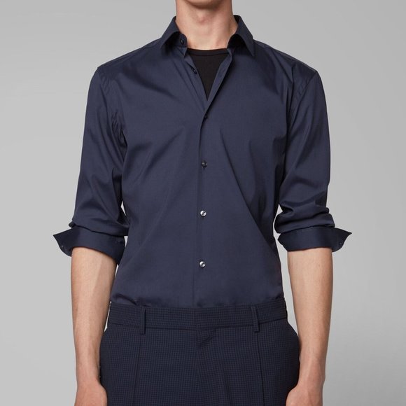 Hugo Boss Shirts Hugo Boss Mens Isko Navy Blue Slim Fit Cotton